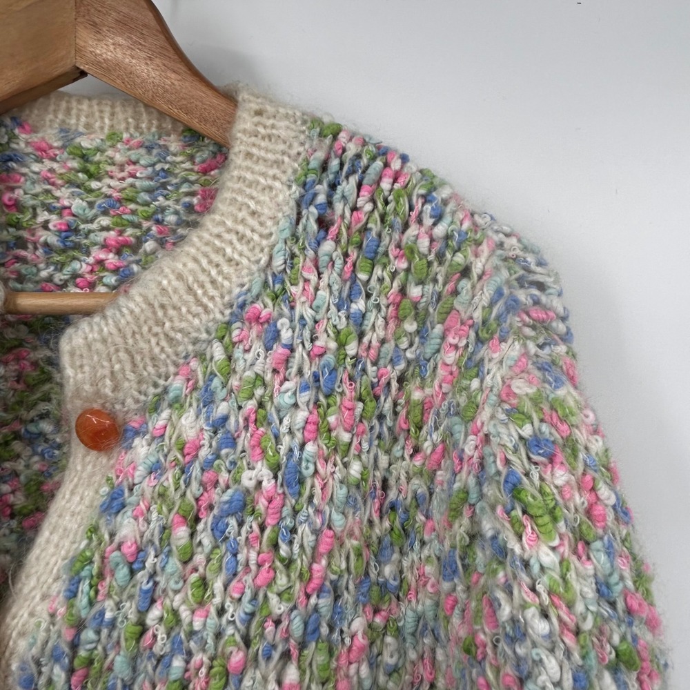 Vintage Handmade Chunky Knit Cardigan Multi Color Speckled Buttons Cream Trim‎ - Picture 2 of 8